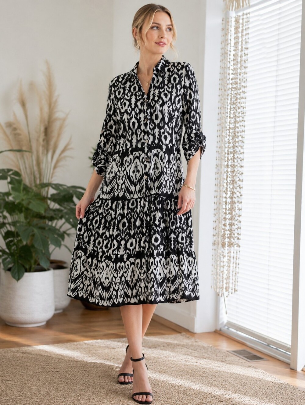 Mlle Gabrielle Black and White Ikat Shirt Dress Size L NWT